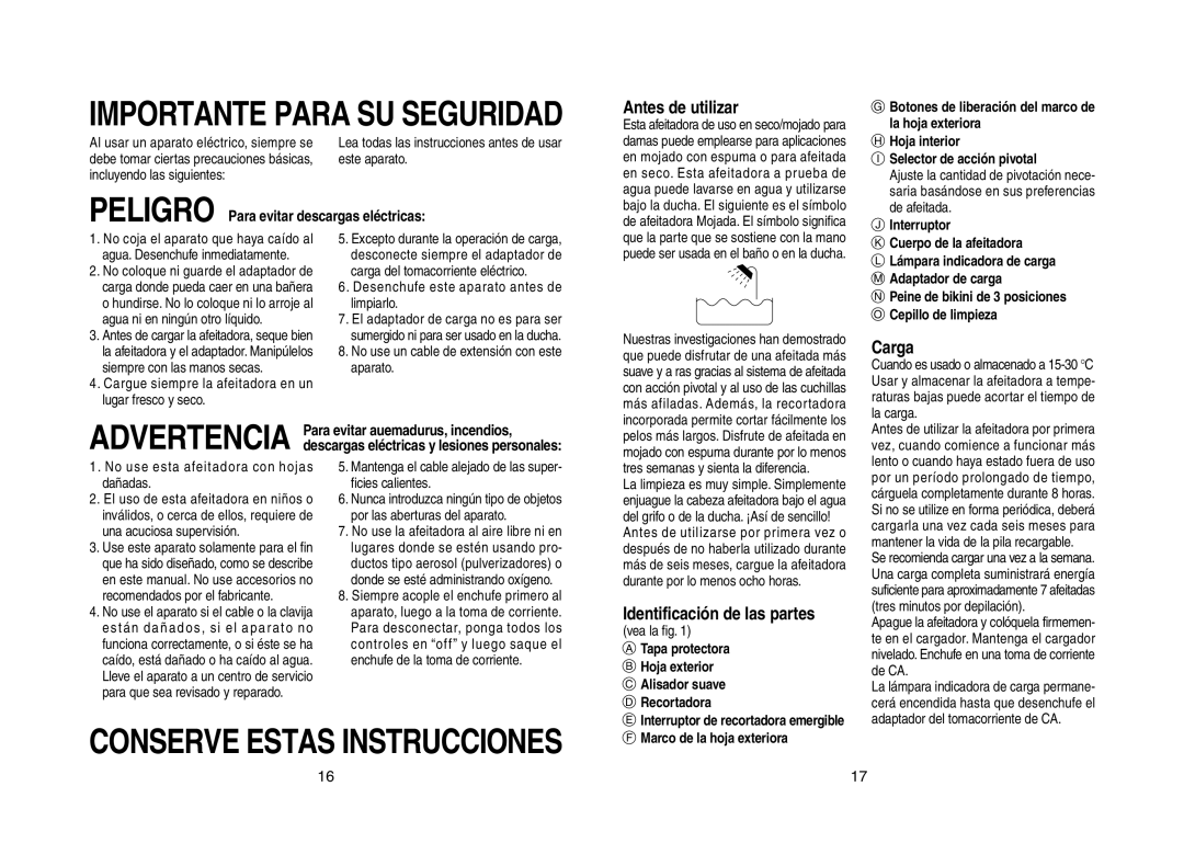 Panasonic ES2218 operating instructions Antes de utilizar, Carga, Identificación de las partes 