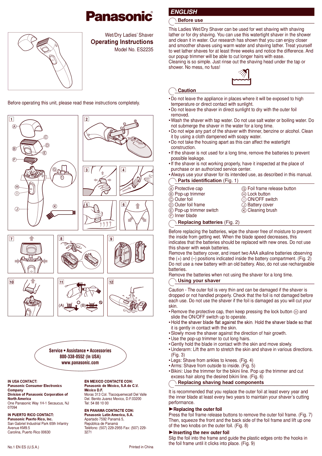 Panasonic ES2235 operating instructions Before use, Parts identification Fig, Replacing batteries Fig, Using your shaver 