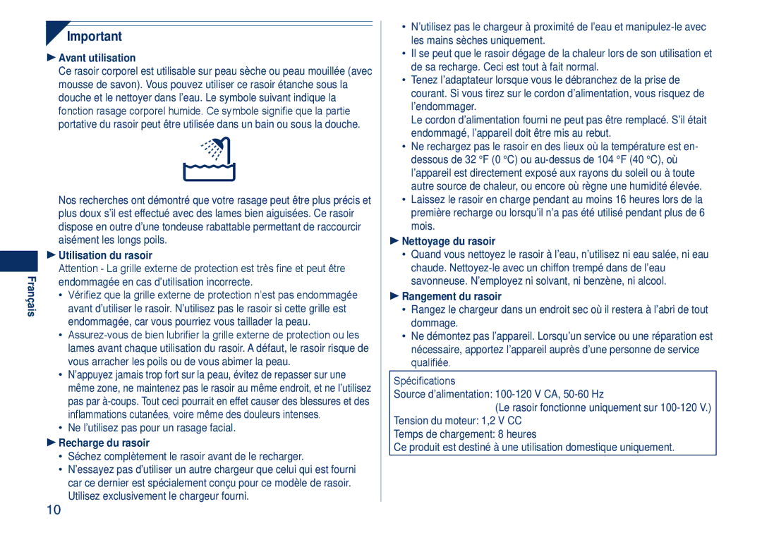 Panasonic ES2262  Avant utilisation,  Utilisation du rasoir,  Recharge du rasoir,  Nettoyage du rasoir 