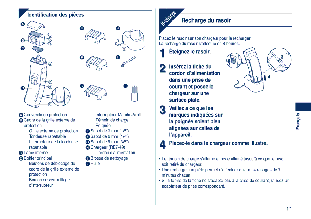 Panasonic ES2262 Recharge du rasoir, Identification des pièces, Marques indiquées sur, La poignée soient bien 