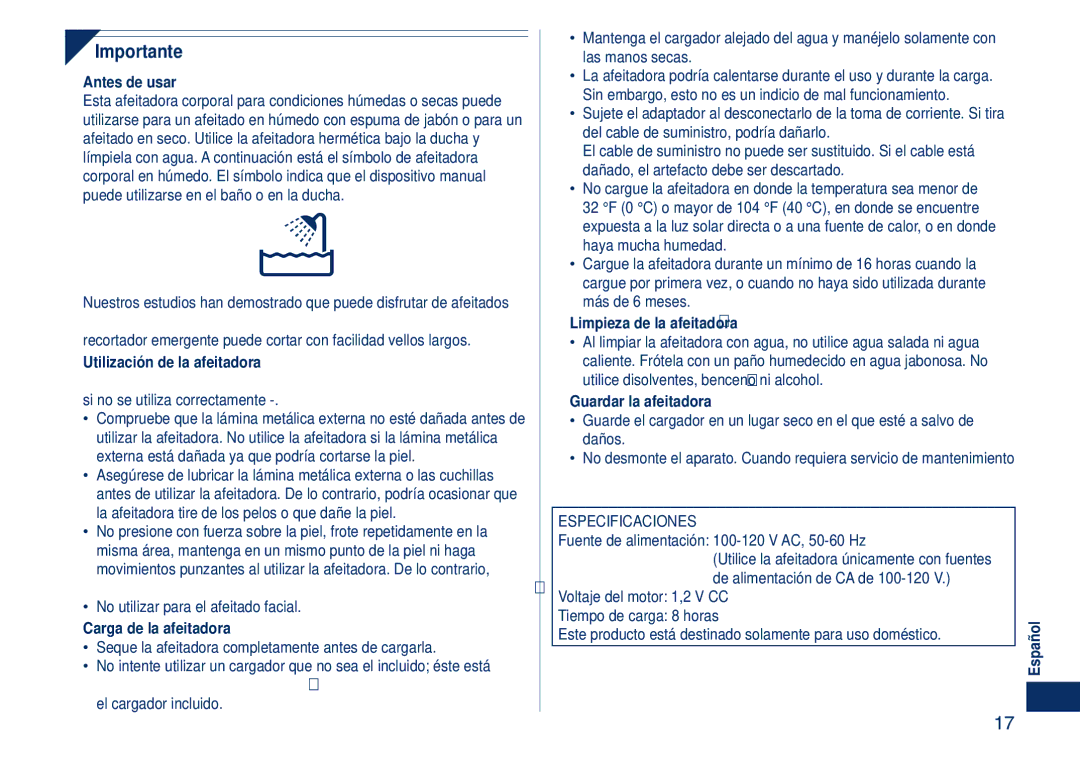 Panasonic ES2262 operating instructions Importante 