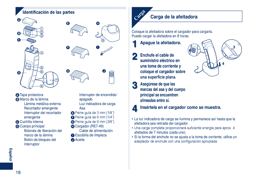 Panasonic ES2262 Carga de la afeitadora, Identificación de las partes, Insértela en el cargador como se muestra 