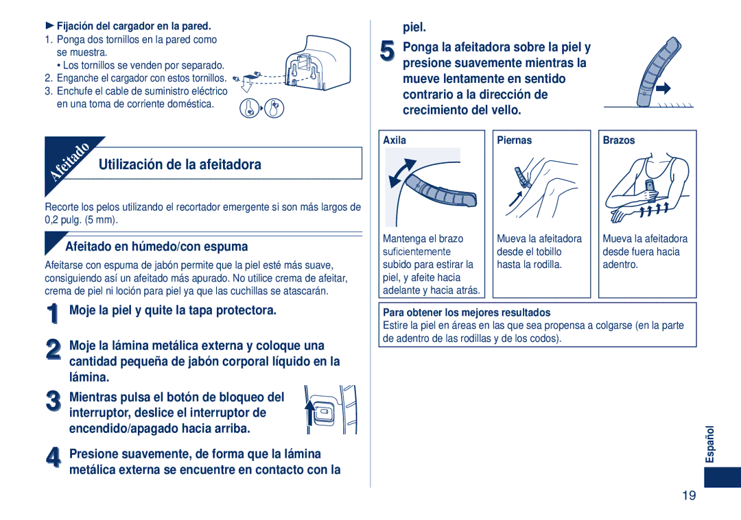 Panasonic ES2262 operating instructions Utilización de la afeitadora, Piel, Afeitado en húmedo/con espuma 