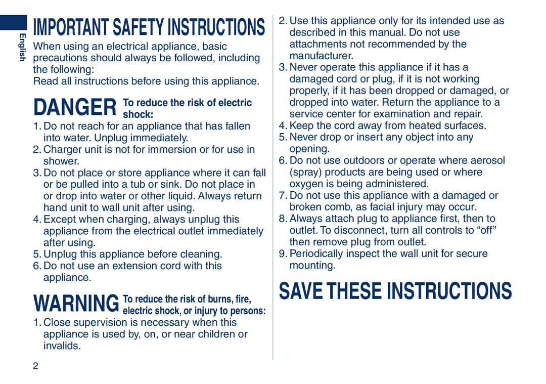 Panasonic ES2262 operating instructions Important Safety Instructions, English 