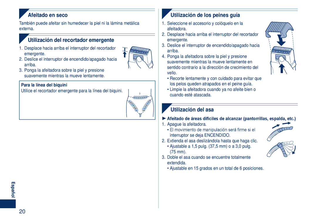 Panasonic ES2262 Afeitado en seco, Utilización del recortador emergente, Utilización de los peines guía 