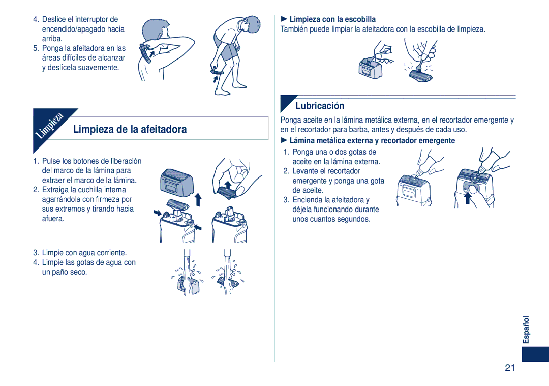 Panasonic ES2262 operating instructions Limpieza de la afeitadora, Lubricación,  Limpieza con la escobilla 