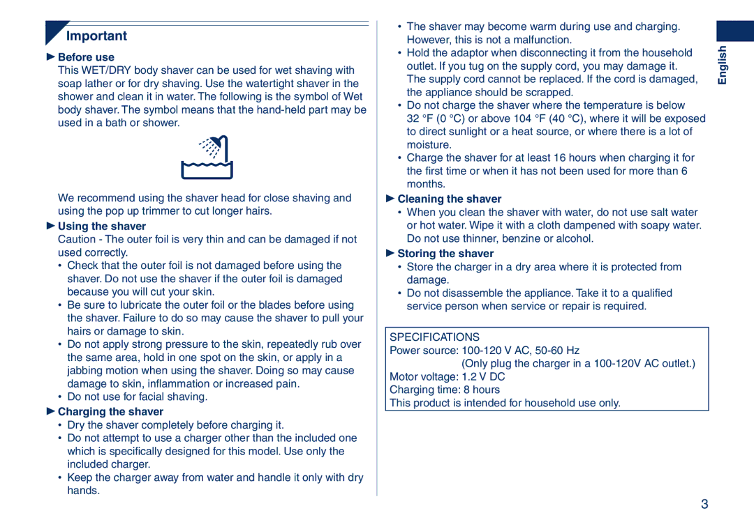 Panasonic ES2262  Before use,  Using the shaver,  Charging the shaver,  Cleaning the shaver,  Storing the shaver 