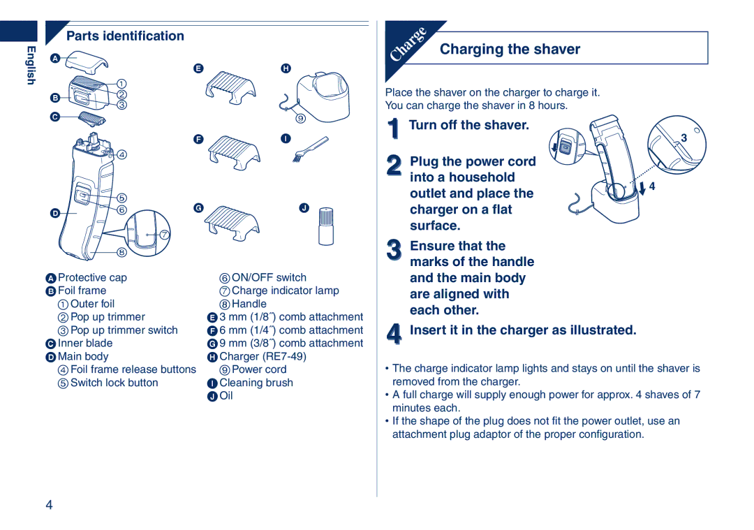 Panasonic ES2262 operating instructions Charging the shaver, Parts identification 