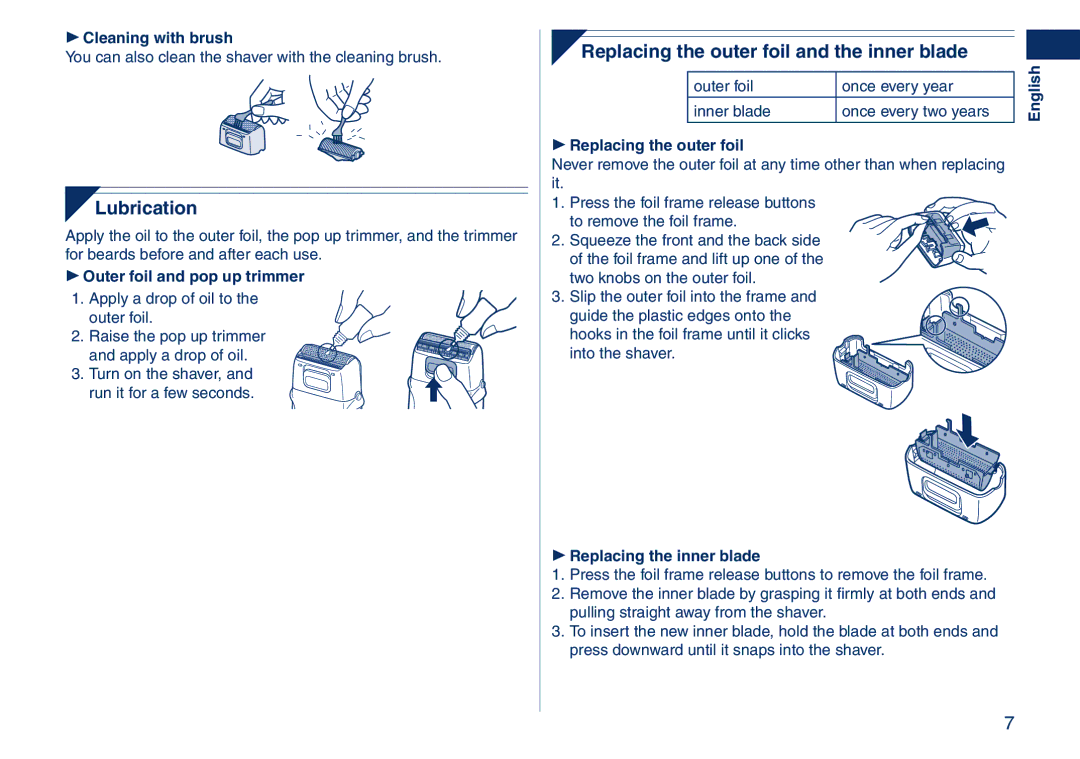 Panasonic ES2262 operating instructions Lubrication, Replacing the outer foil and the inner blade 