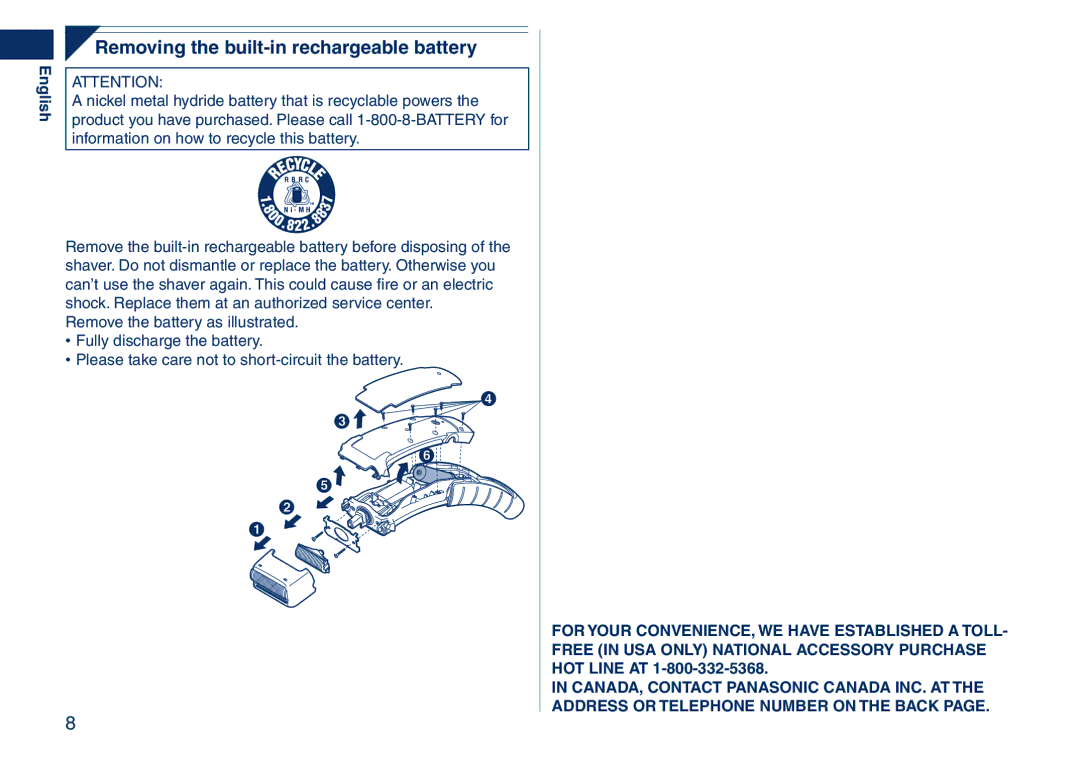 Panasonic ES2262 operating instructions Removing the built-in rechargeable battery, HOT Line AT 