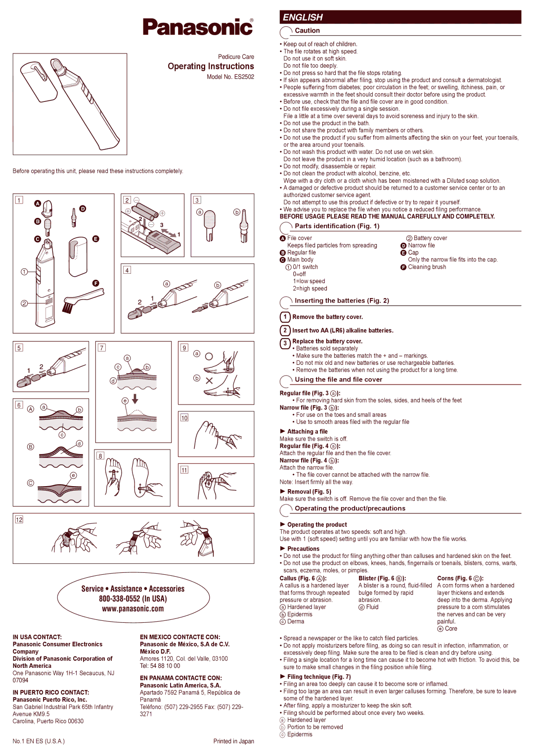 Panasonic ES2502 operating instructions Parts identification Fig, Inserting the batteries Fig 