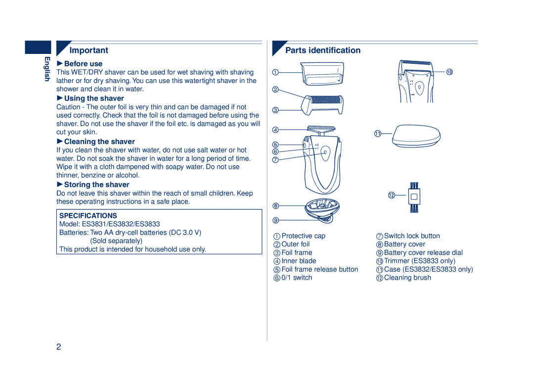 Panasonic ES3831 Parts identification, Before use, Using the shaver Cleaning the shaver, Storing the shaver 