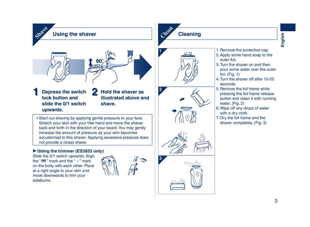 Panasonic ES3831 operating instructions Using the trimmer ES3833 only 