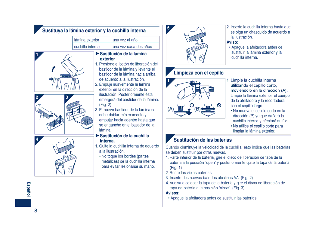 Panasonic ES3831 Sustituya la lámina exterior y la cuchilla interna, Limpieza con el cepillo, Sustitución de las baterías 