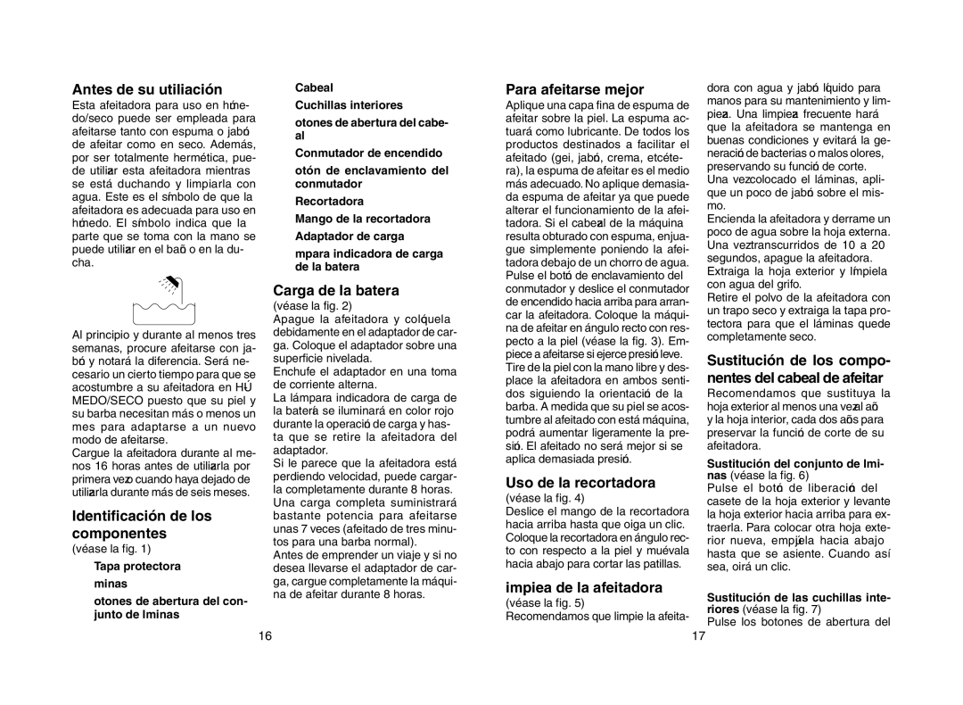 Panasonic ES4026 Antes de su utilización, Para afeitarse mejor, Identificación de los componentes, Carga de la batería 