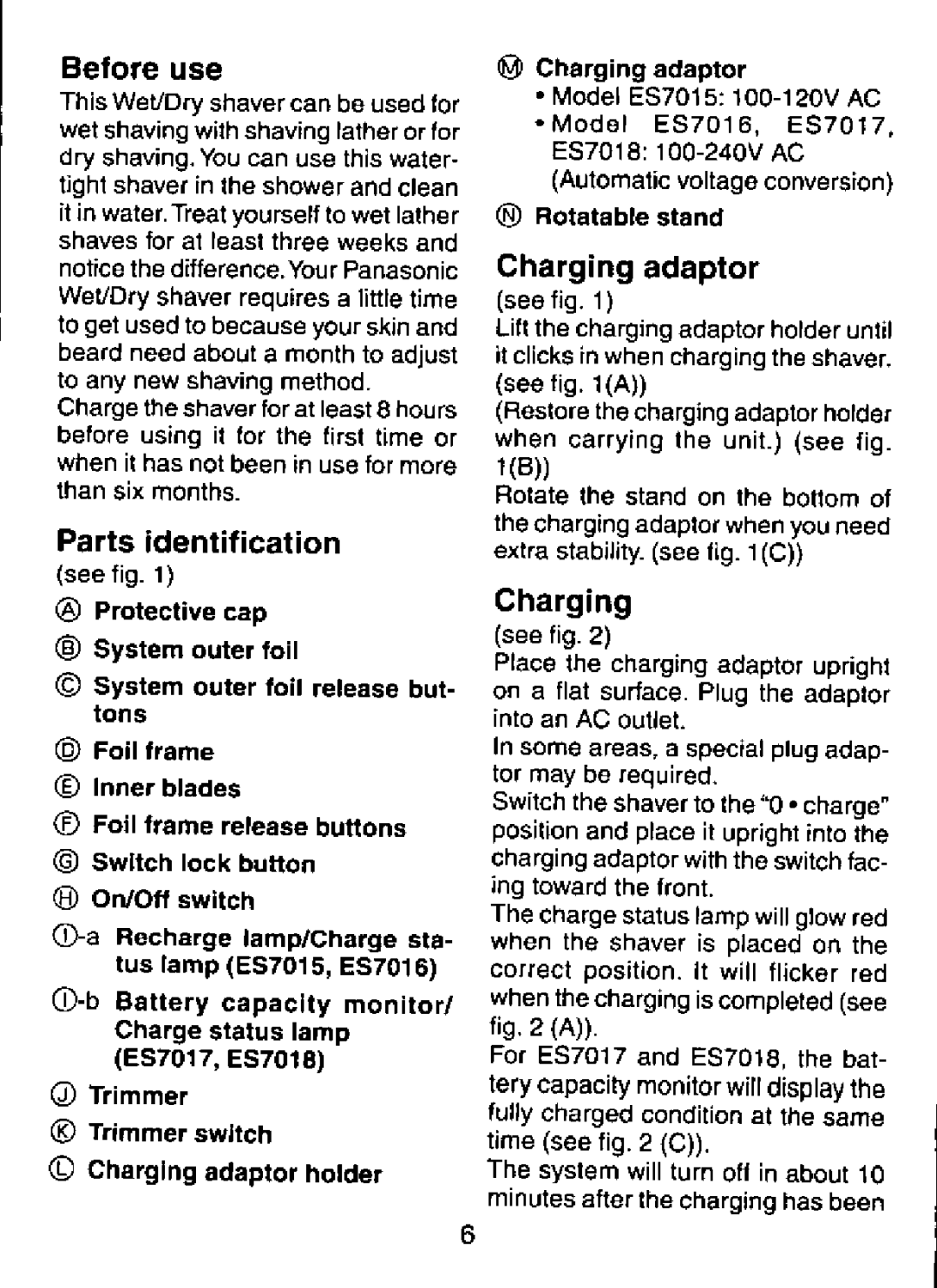 Panasonic ES7015, ES7018 manual 