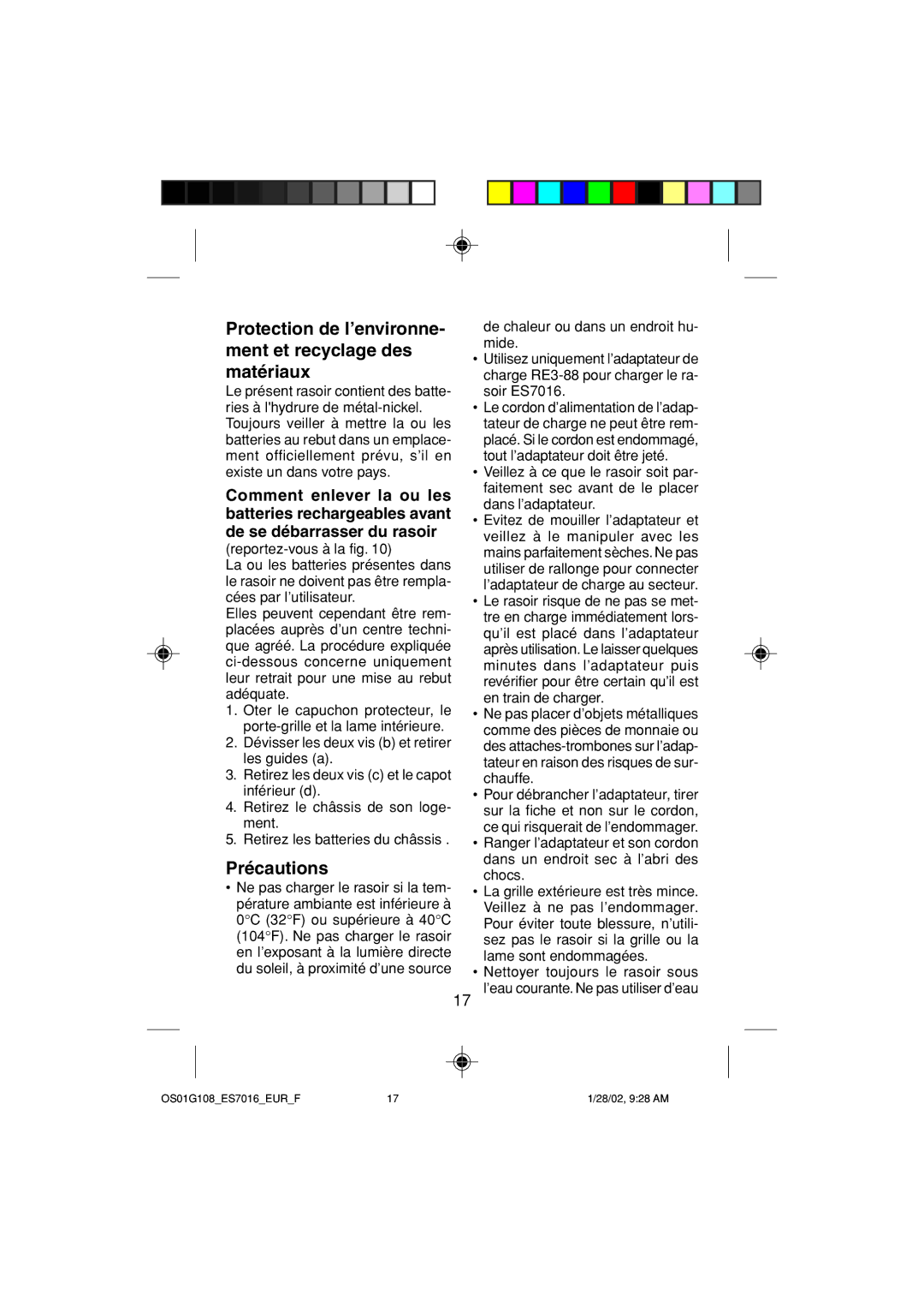 Panasonic ES7016 operating instructions Protection de l’environne- ment et recyclage des matériaux, Précautions 