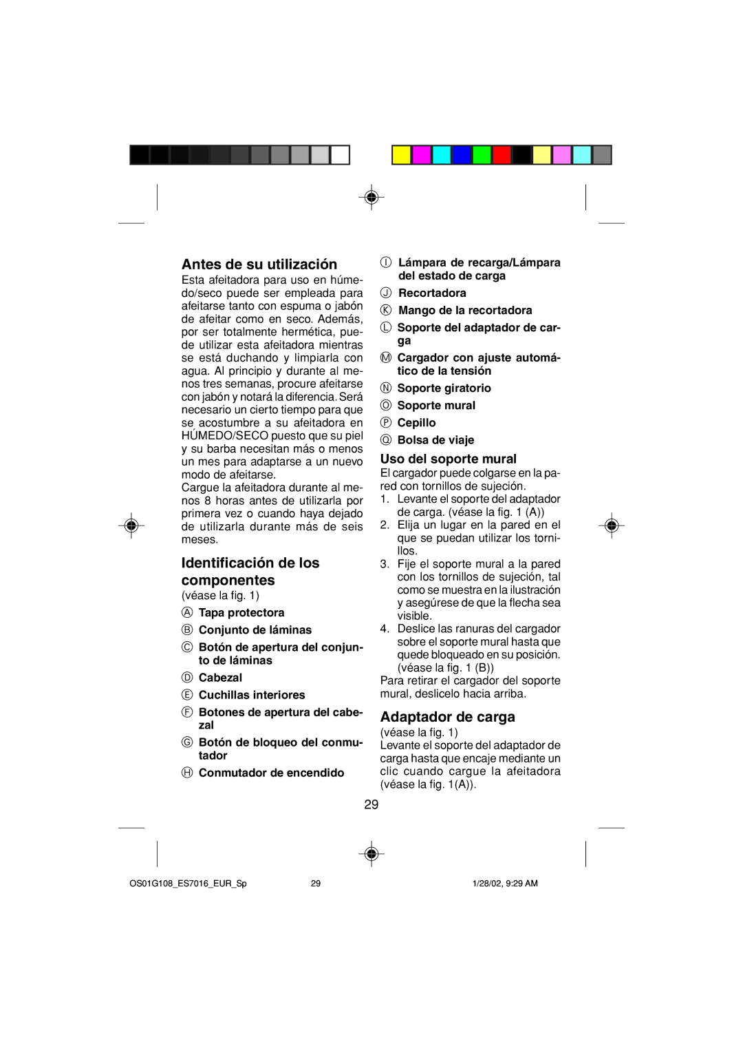 Panasonic ES7016 Antes de su utilización, Identificación de los componentes, Adaptador de carga, Uso del soporte mural 