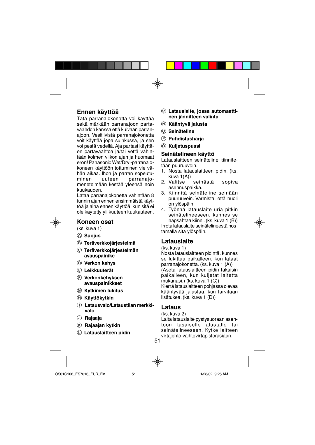 Panasonic ES7016 operating instructions Ennen käyttöä, Koneen osat, Seinätelineen käyttö, Ks. kuva 