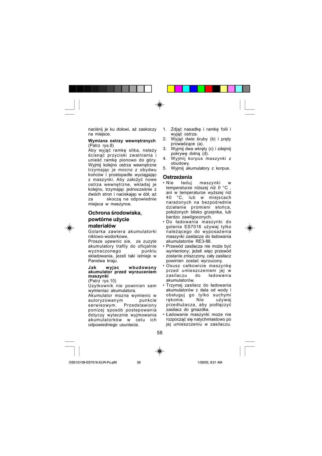 Panasonic ES7016 Ostrzeżenia, Ochrona środowiska, powtórne użycie materiałów, Wymiana ostrzy wewnętrznych 