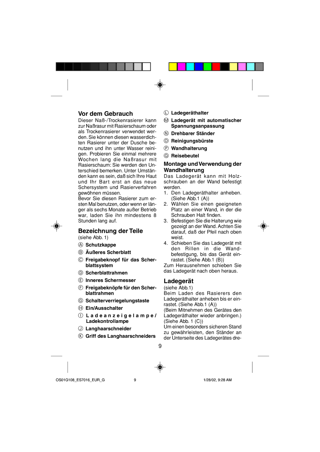 Panasonic ES7016 Vor dem Gebrauch, Bezeichnung der Teile, Ladegerät, Montage und Verwendung der Wandhalterung, Siehe Abb 