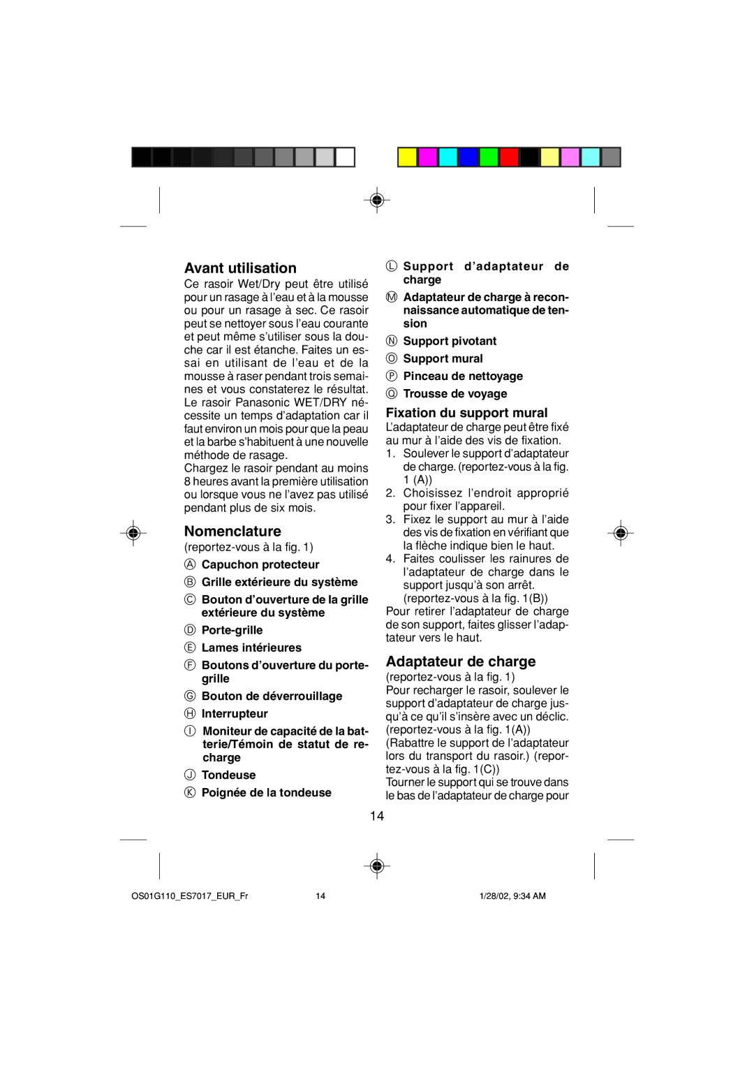 Panasonic ES7017 operating instructions Avant utilisation, Nomenclature, Adaptateur de charge, Fixation du support mural 