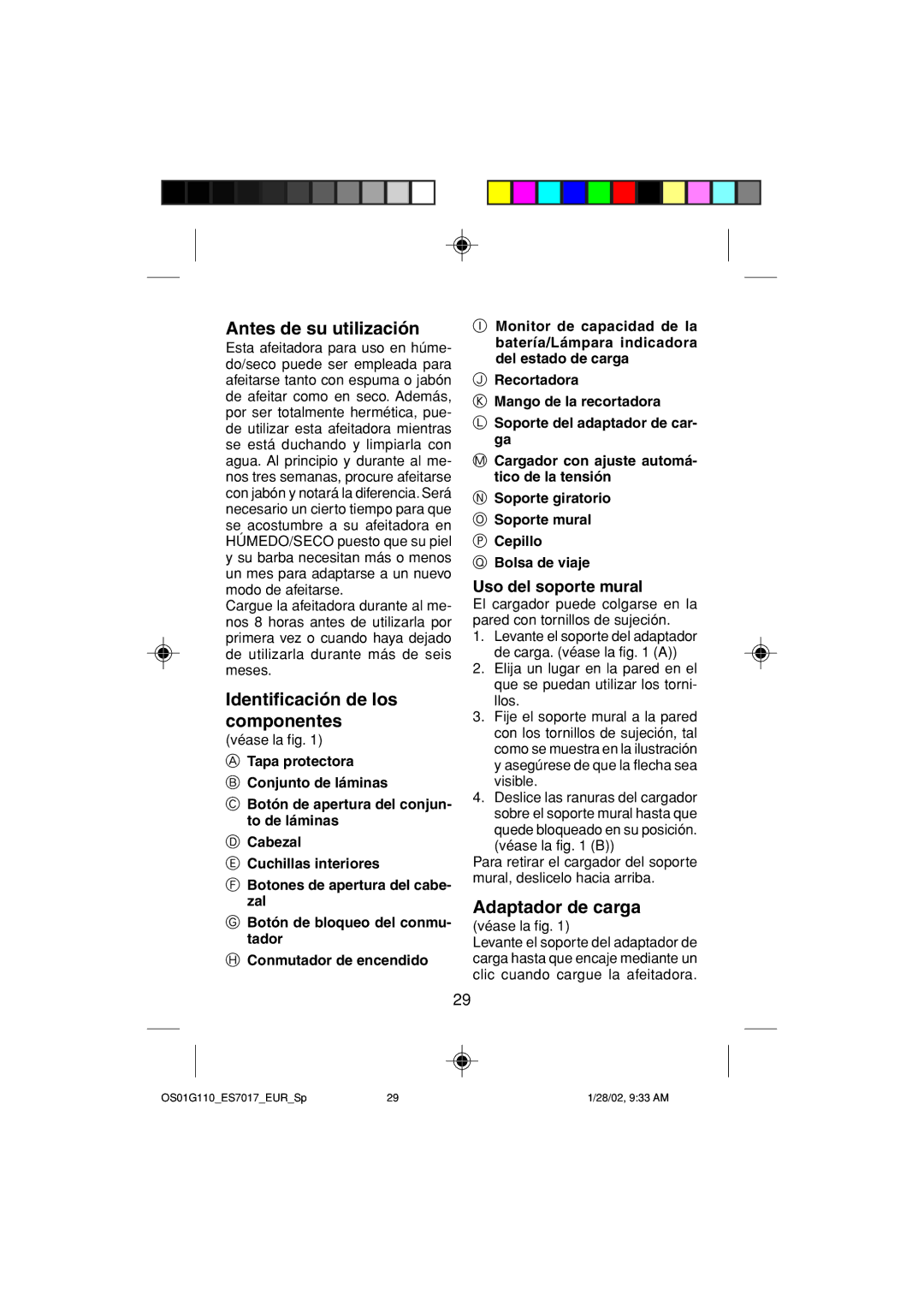 Panasonic ES7017 Antes de su utilización, Identificación de los componentes, Adaptador de carga, Uso del soporte mural 