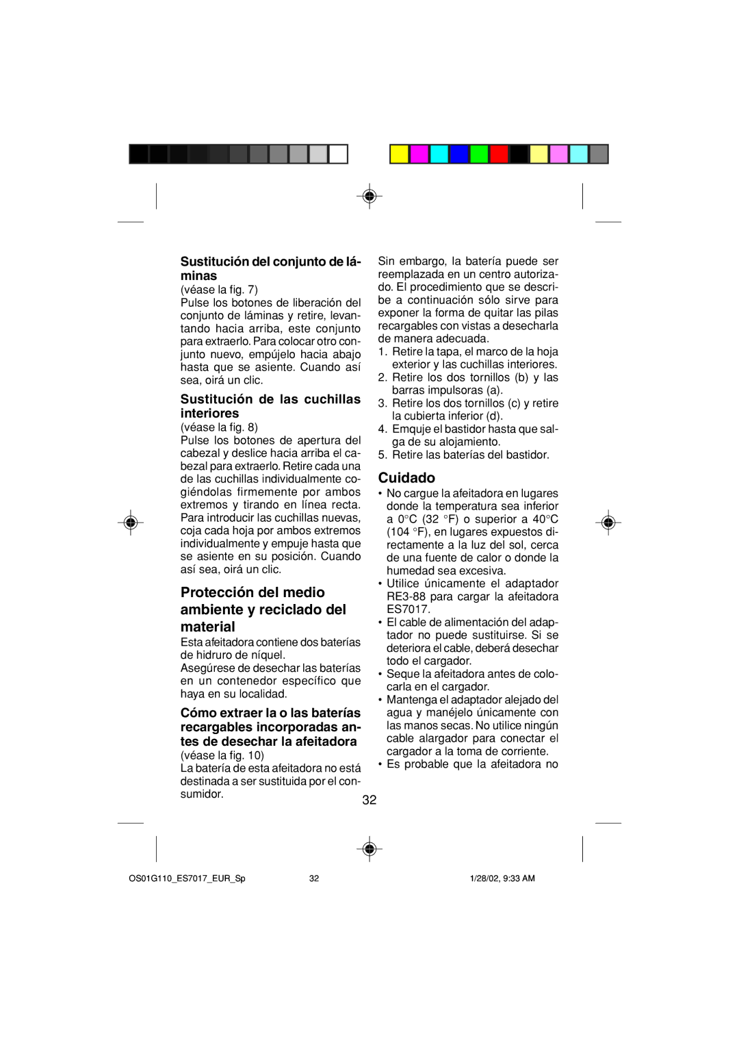 Panasonic ES7017 Protección del medio ambiente y reciclado del material, Cuidado, Sustitución del conjunto de lá- minas 