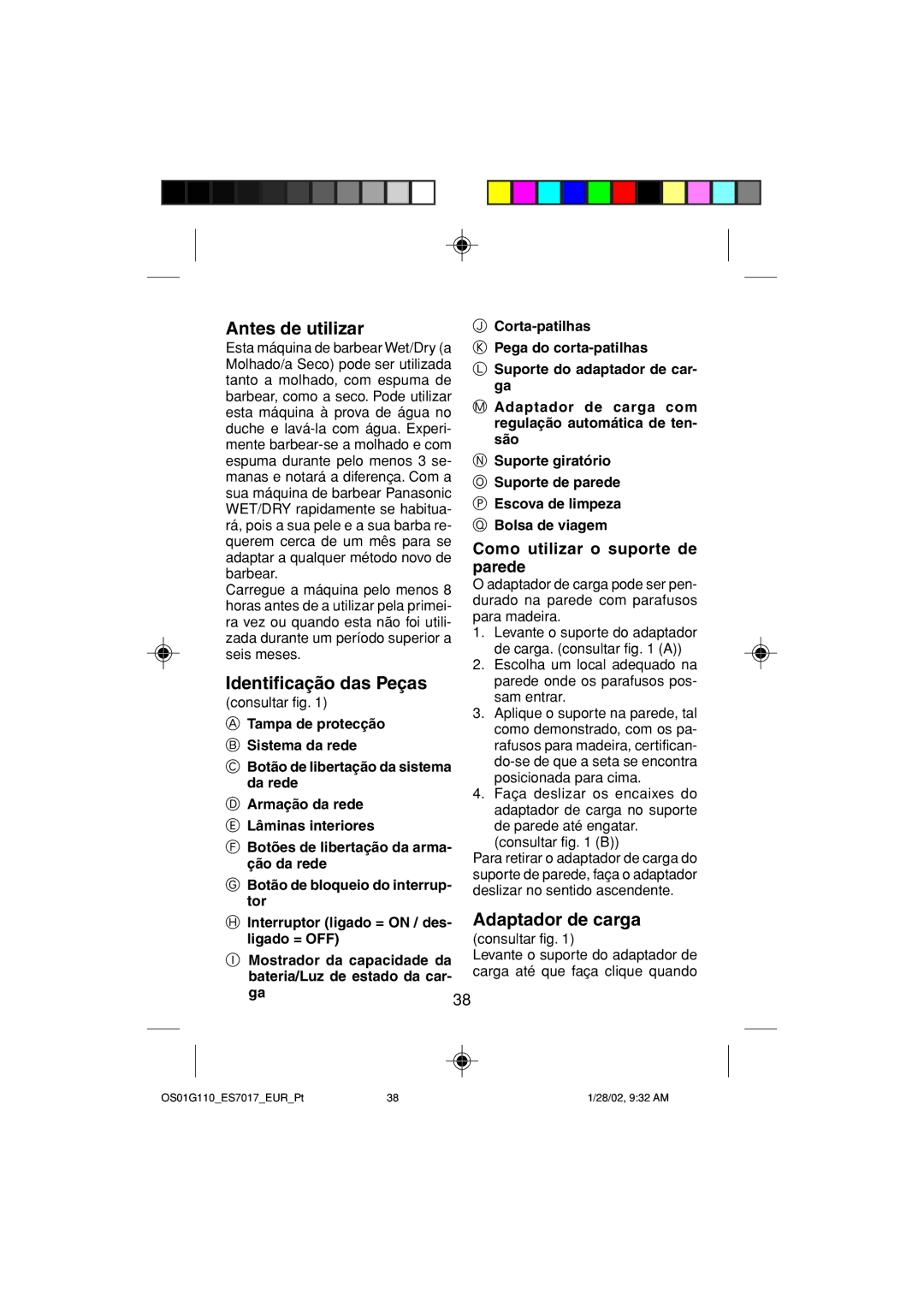 Panasonic ES7017 operating instructions Antes de utilizar, Identificação das Peças, Como utilizar o suporte de parede 