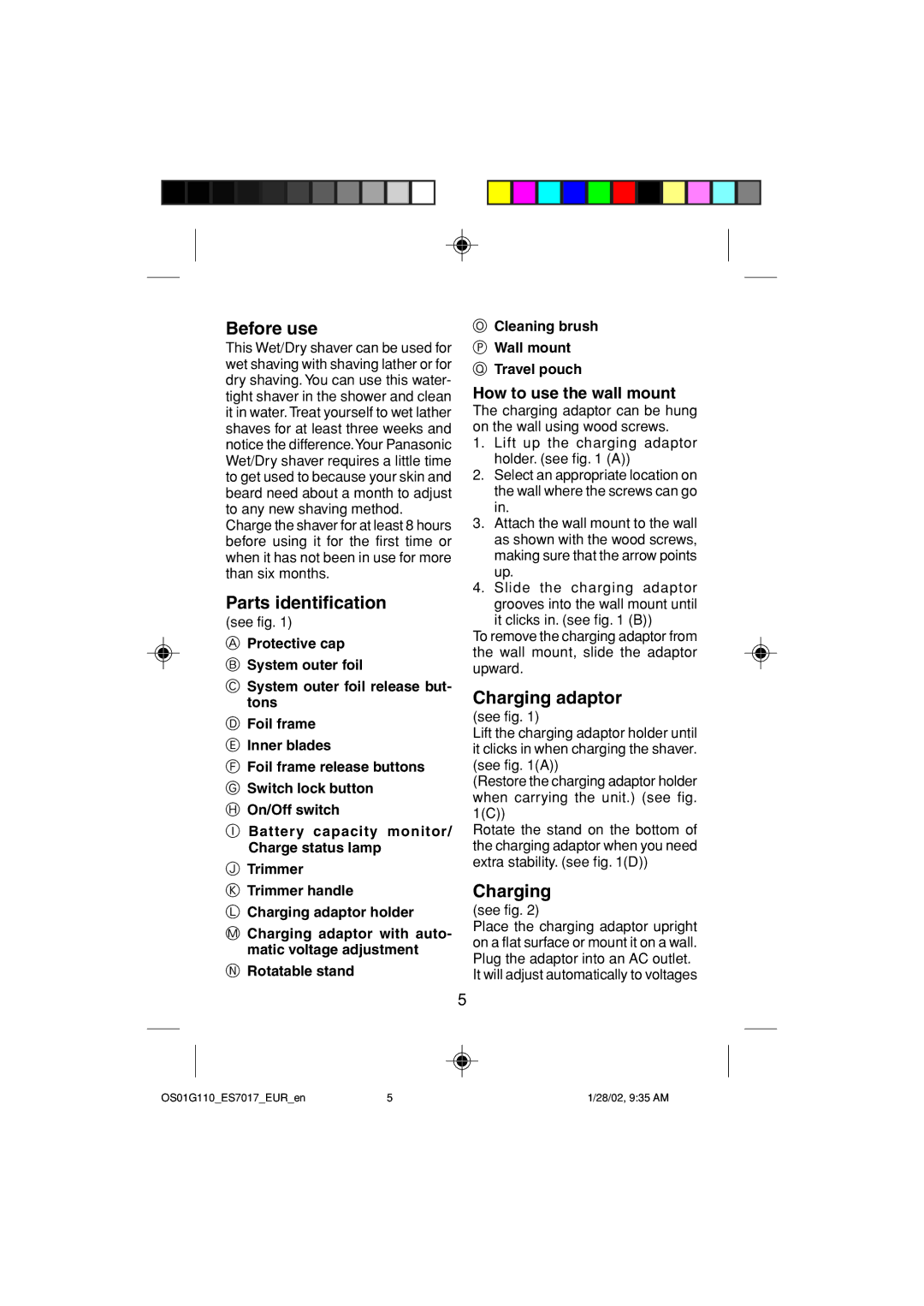 Panasonic ES7017 operating instructions Before use, Parts identification, Charging adaptor, How to use the wall mount 