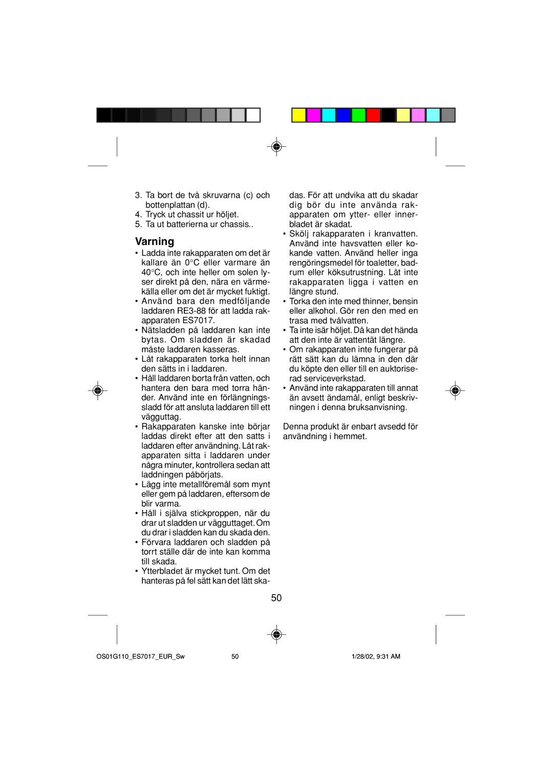 Panasonic ES7017 operating instructions Varning 