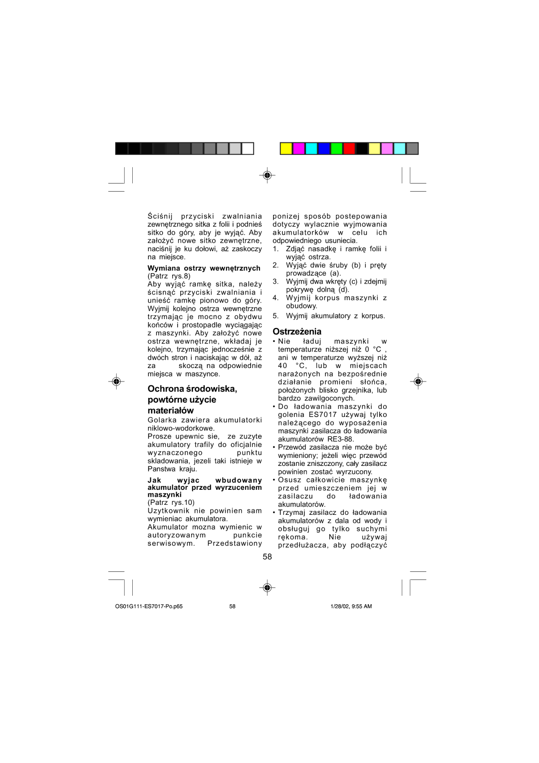 Panasonic ES7017 operating instructions Ostrzeżenia, Ochrona środowiska, Powtórne użycie, Materiałów 