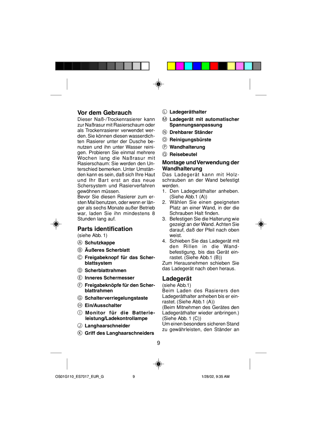 Panasonic ES7017 operating instructions Vor dem Gebrauch, Ladegerät, Montage und Verwendung der Wandhalterung 