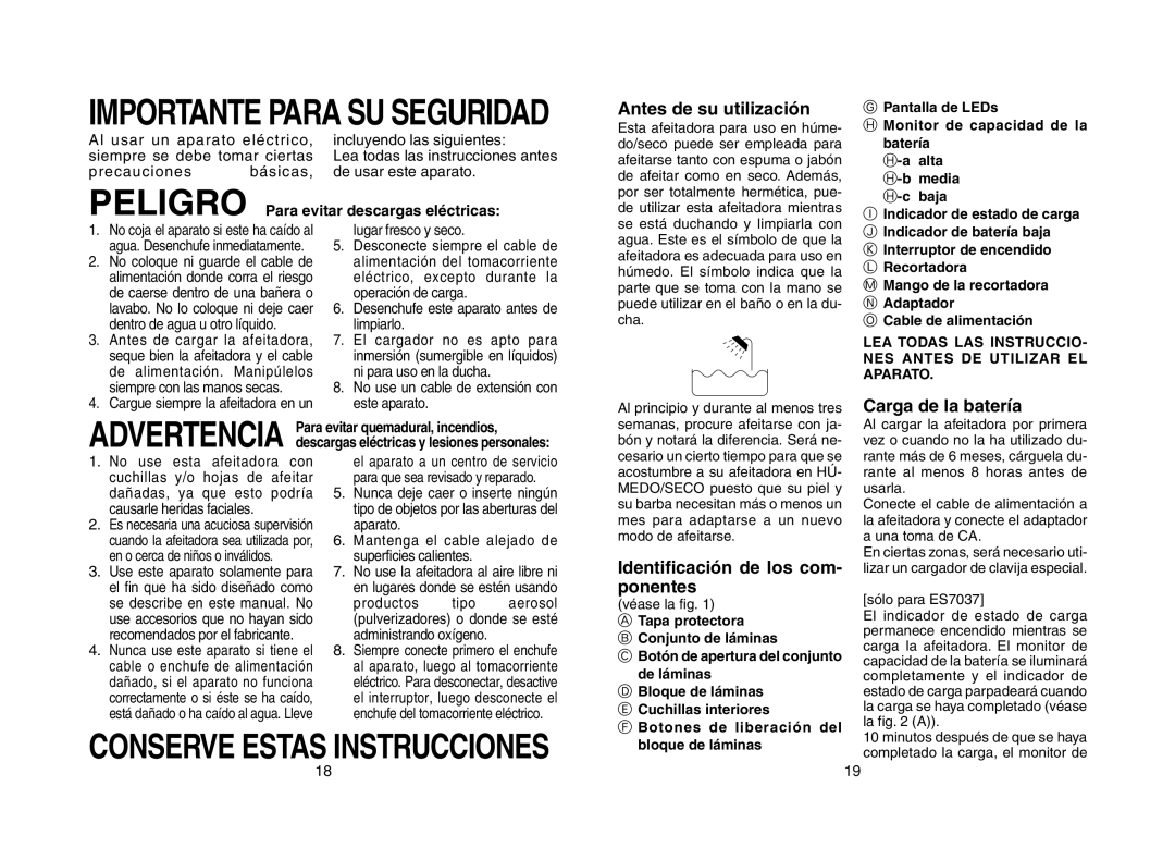 Panasonic ES7034, ES7035, ES7037, ES7032 Antes de su utilización, Carga de la batería, Identificación de los com- ponentes 