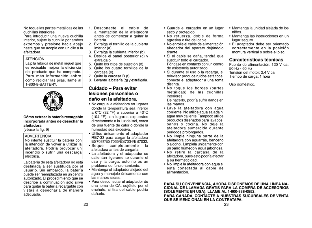 Panasonic ES7035, ES7037, ES7034, ES7032 Características técnicas, Solemente EN USA Llame AL 1-800-338-0552 