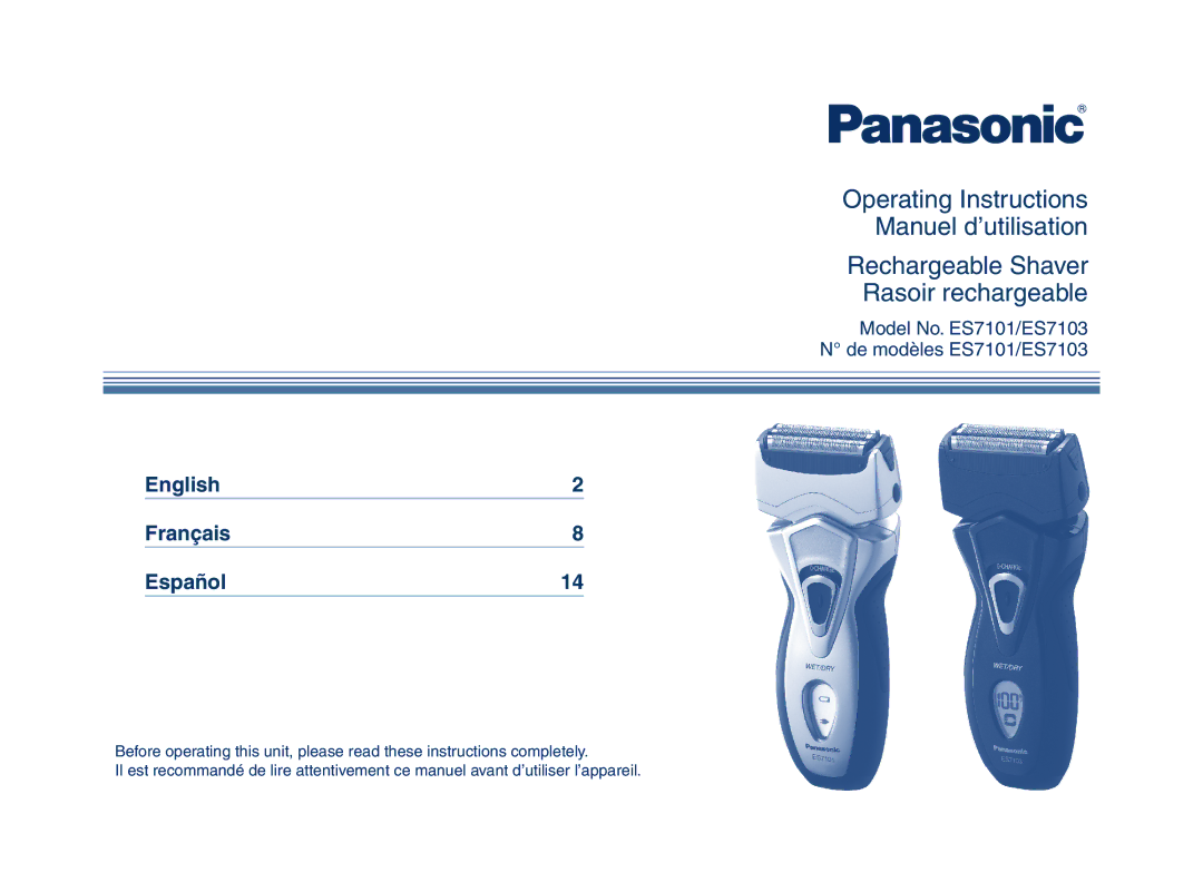 Panasonic ES7101, ES7103 operating instructions English Français Español 