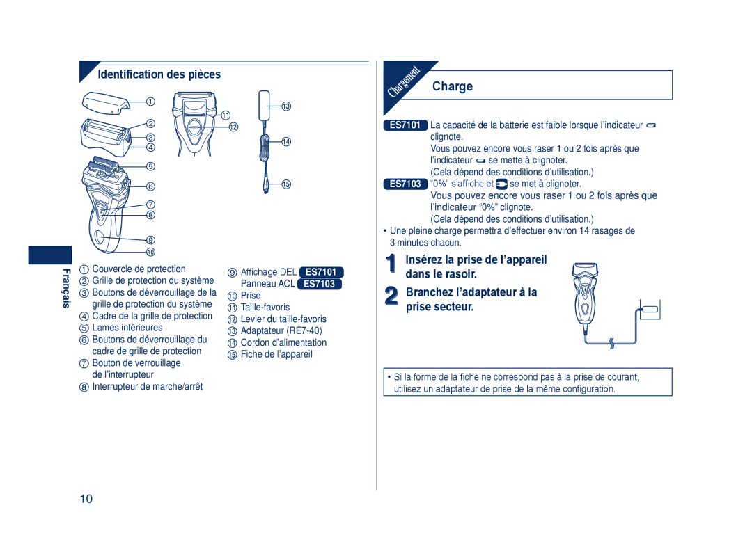 Panasonic ES7103, ES7101 operating instructions Charge, Identification des pièces 