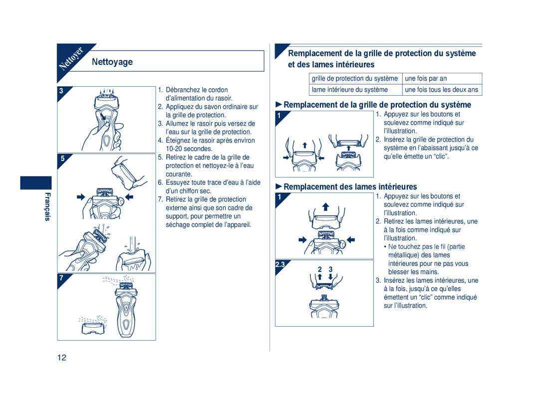 Panasonic ES7103 Nettoyage, Remplacement de la grille de protection du système, Remplacement des lames intérieures 