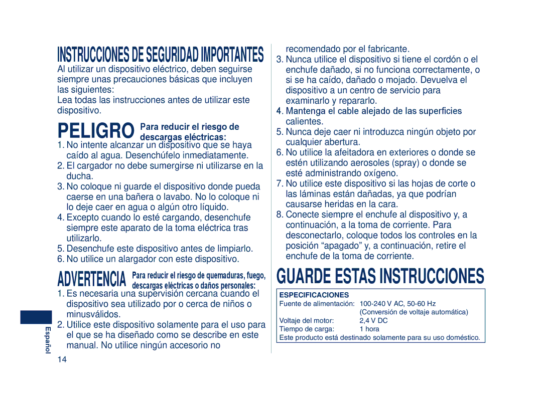 Panasonic ES7103, ES7101 Instruccionesdeseguridadimportantes, Peligro Para reducir el riesgo de descargas eléctricas 