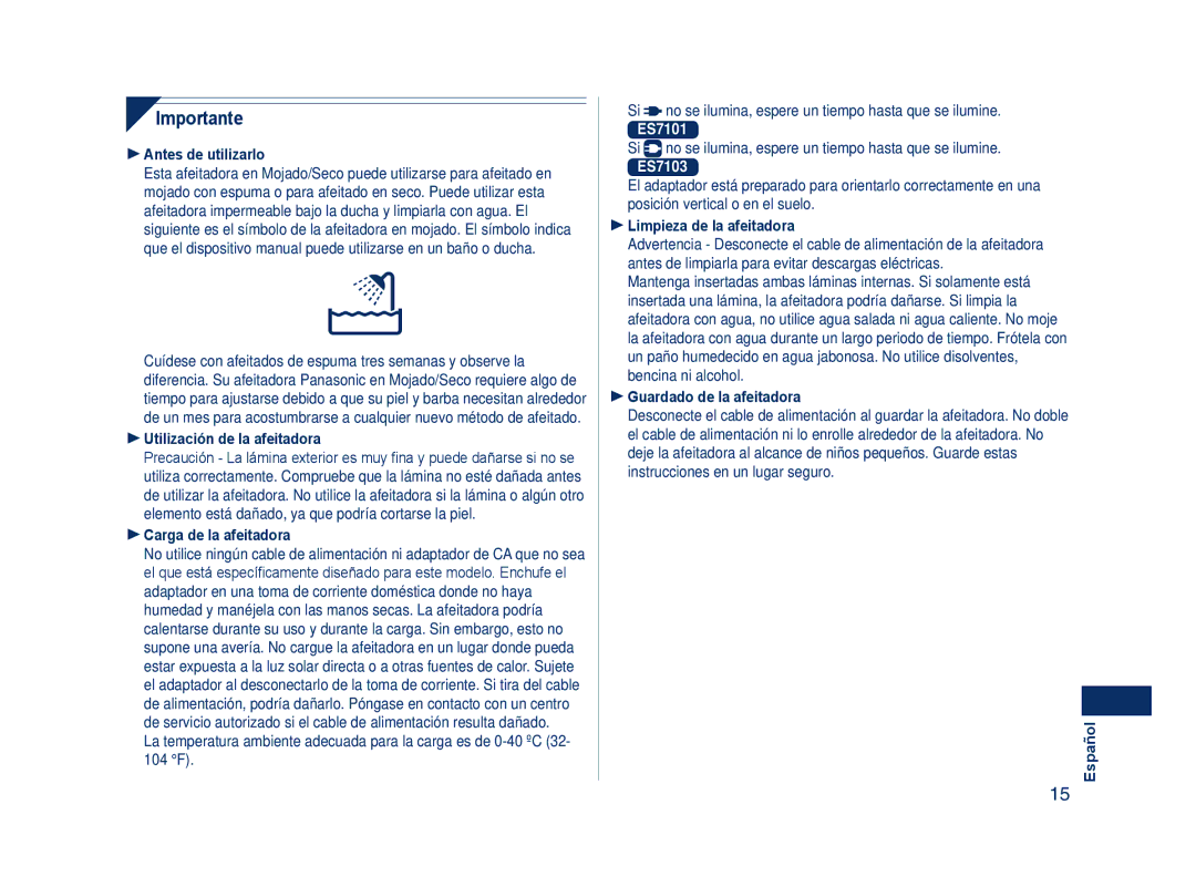 Panasonic ES7101, ES7103 operating instructions Importante 