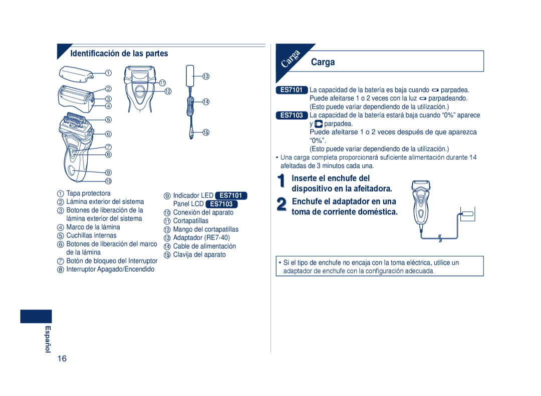 Panasonic ES7103, ES7101 Carga, Identificación de las partes, Inserte el enchufe del Dispositivo en la afeitadora 