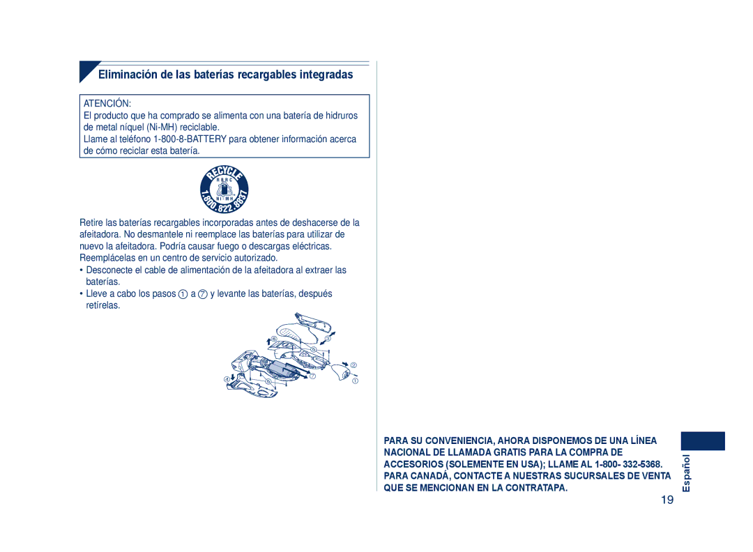 Panasonic ES7101, ES7103 operating instructions Eliminación de las baterías recargables integradas, Atención 