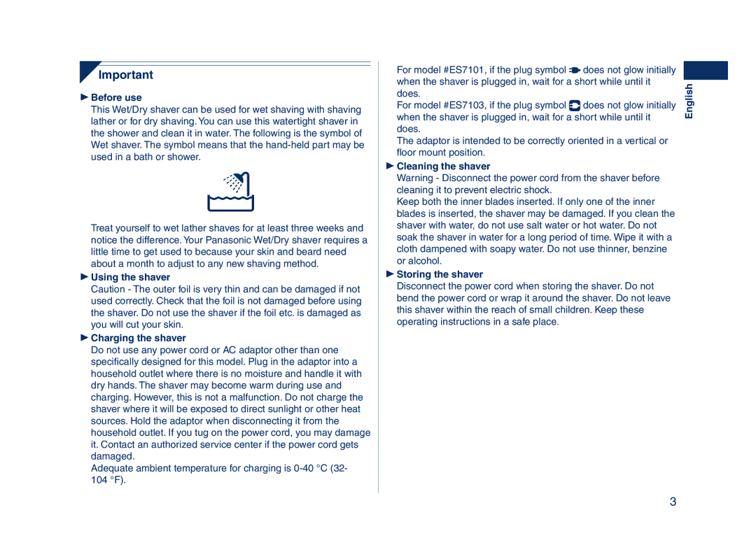 Panasonic ES7101, ES7103 operating instructions  Before use 