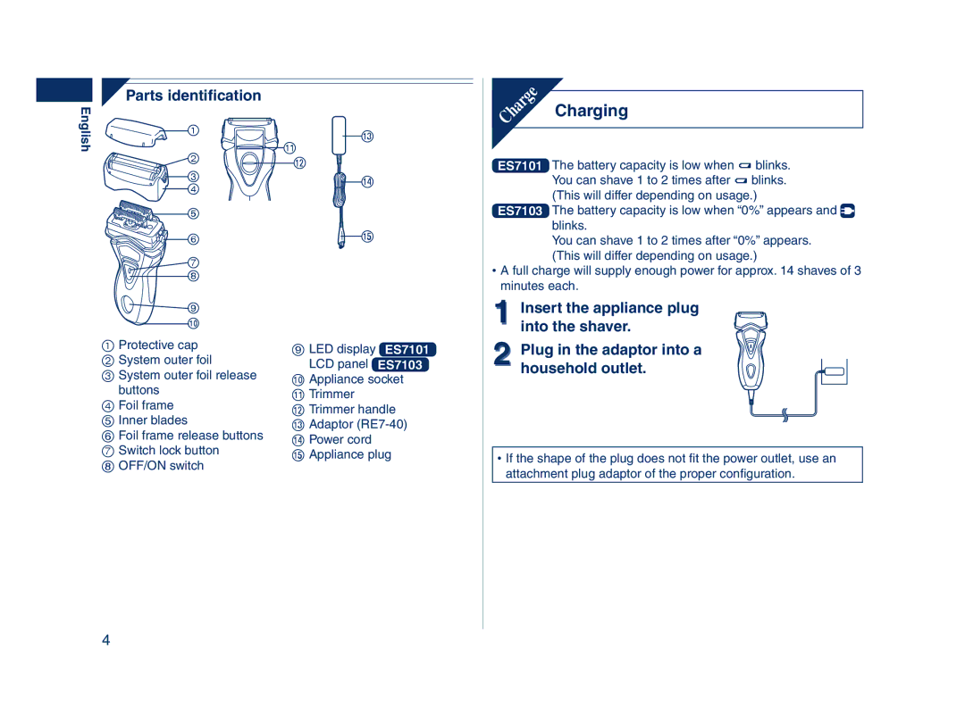 Panasonic ES7103, ES7101 operating instructions Charging 