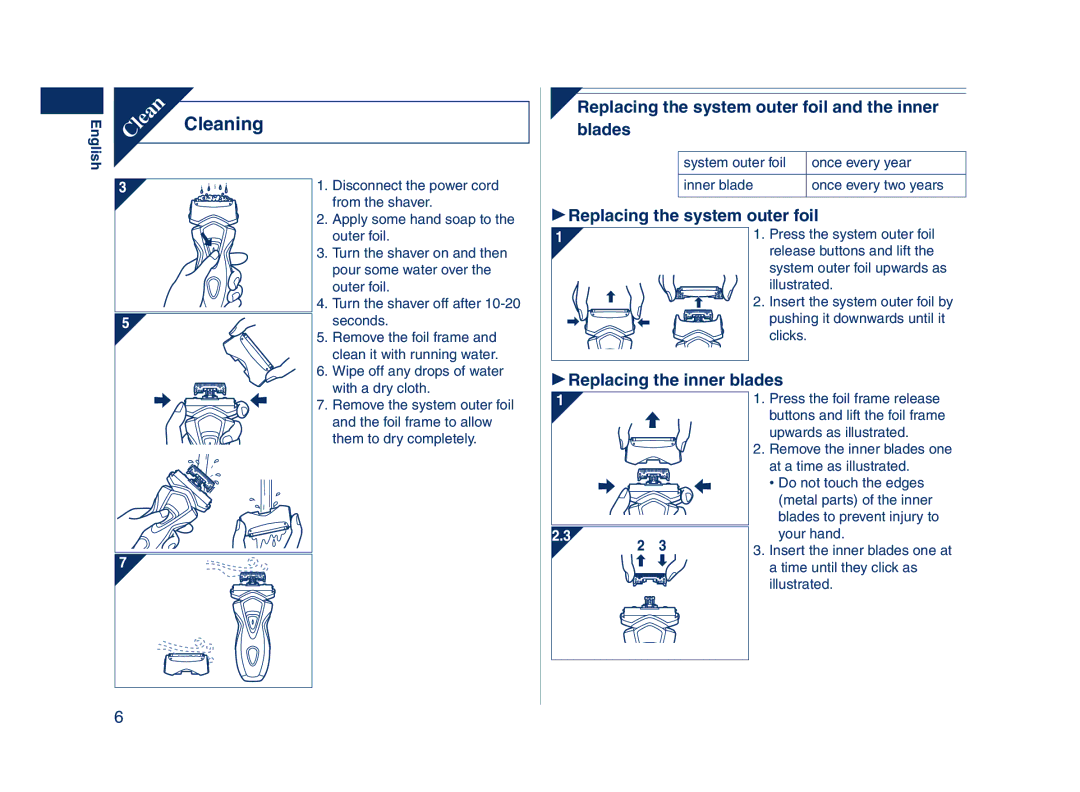 Panasonic ES7103, ES7101 operating instructions Cleaning, Replacing the system outer foil 