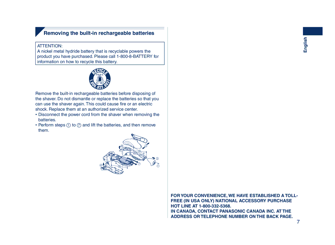 Panasonic ES7101, ES7103 operating instructions Removing the built-in rechargeable batteries 