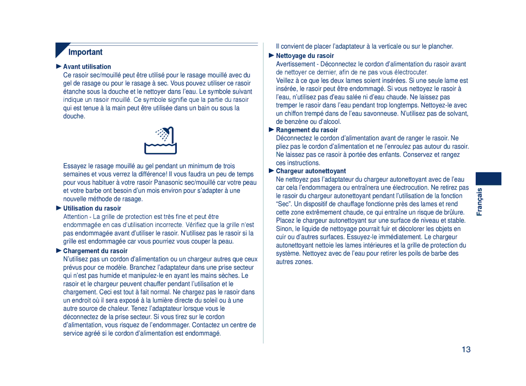 Panasonic ES7109 Avant utilisation, Utilisation du rasoir Chargement du rasoir, Nettoyage du rasoir, Rangement du rasoir 