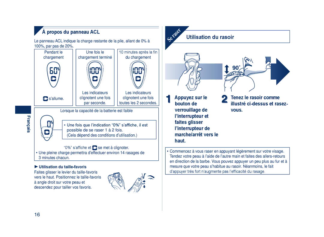 Panasonic ES7109 Utilisation du rasoir 90˚, Propos du panneau ACL, Appuyez sur le Tenez le rasoir comme Bouton de, Haut 