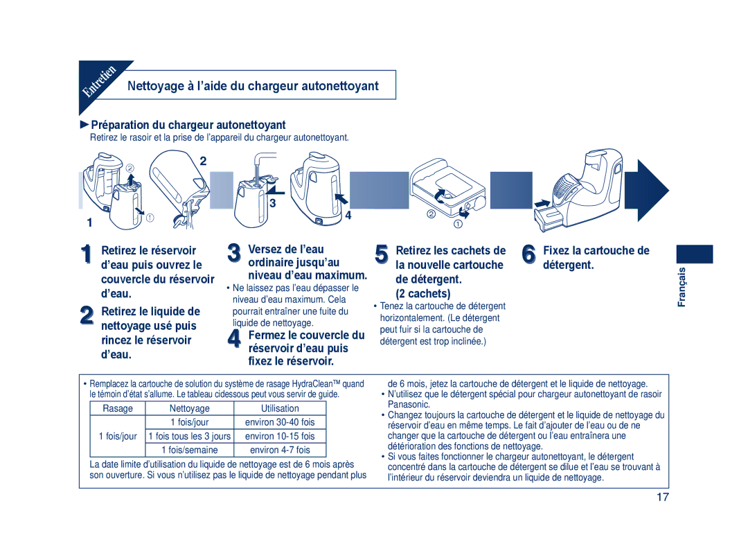 Panasonic ES7109 Nettoyage à l’aide du chargeur autonettoyant, 1Préparation du chargeur autonettoyant, Cachets 