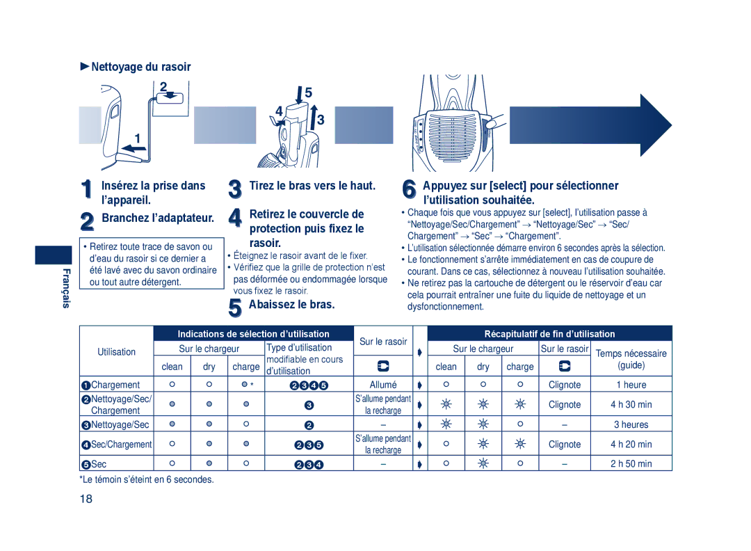 Panasonic ES7109 operating instructions 1Nettoyage du rasoir, Insérez la prise dans l’appareil Branchez l’adaptateur 